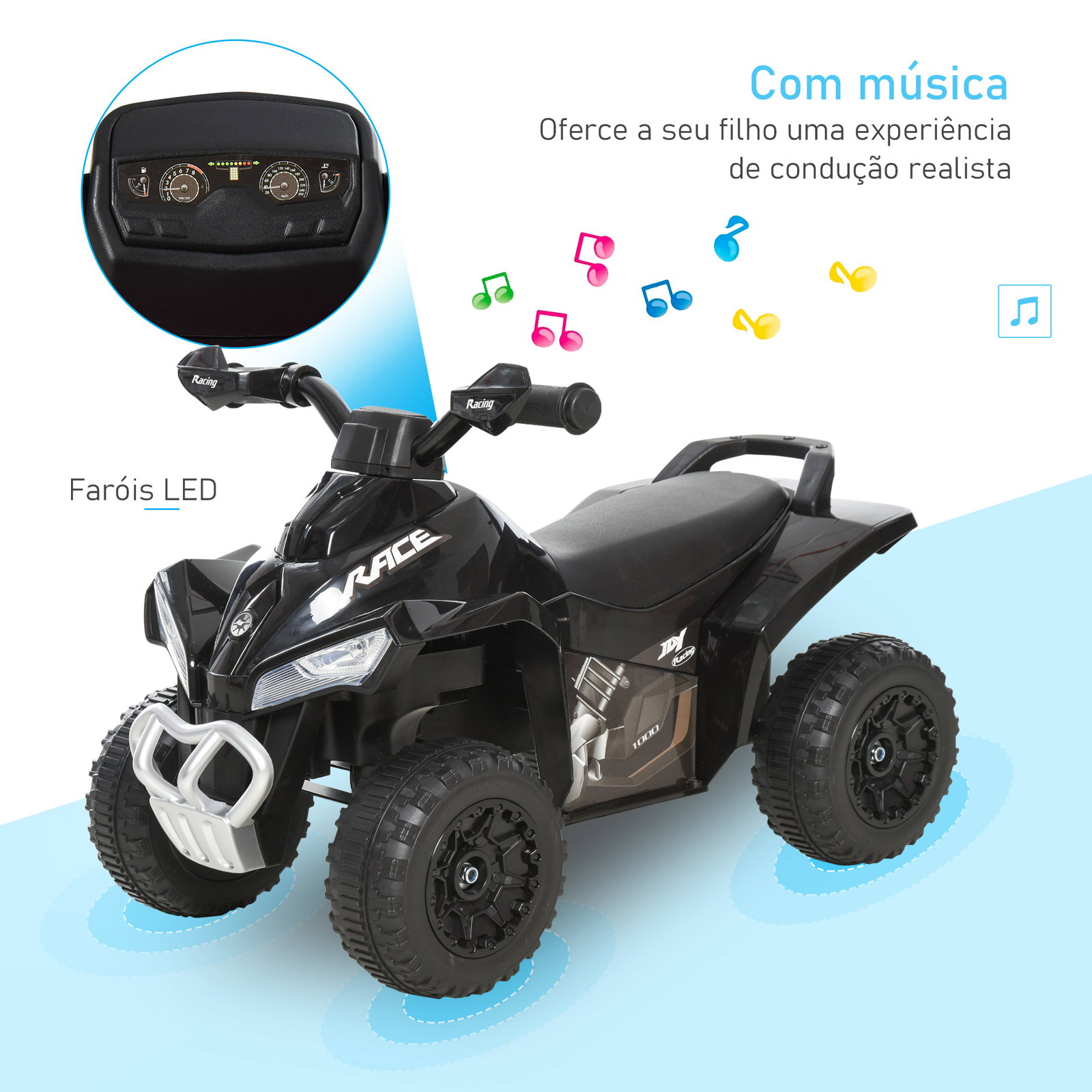 Quadriciclo para crianças carro andador infantil com luzes e música desenho inovador carga 20kg 67,5x38x44 cm preto