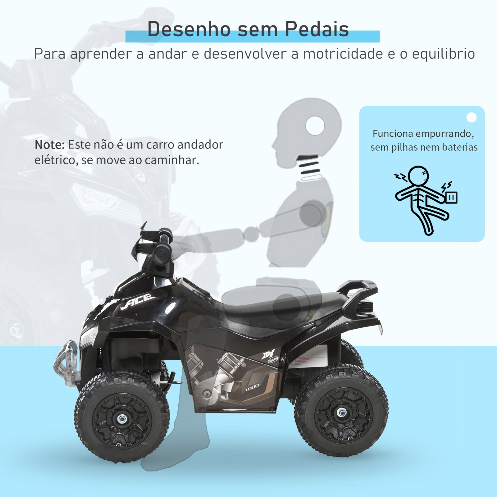 Quadriciclo para crianças carro andador infantil com luzes e música desenho inovador carga 20kg 67,5x38x44 cm preto