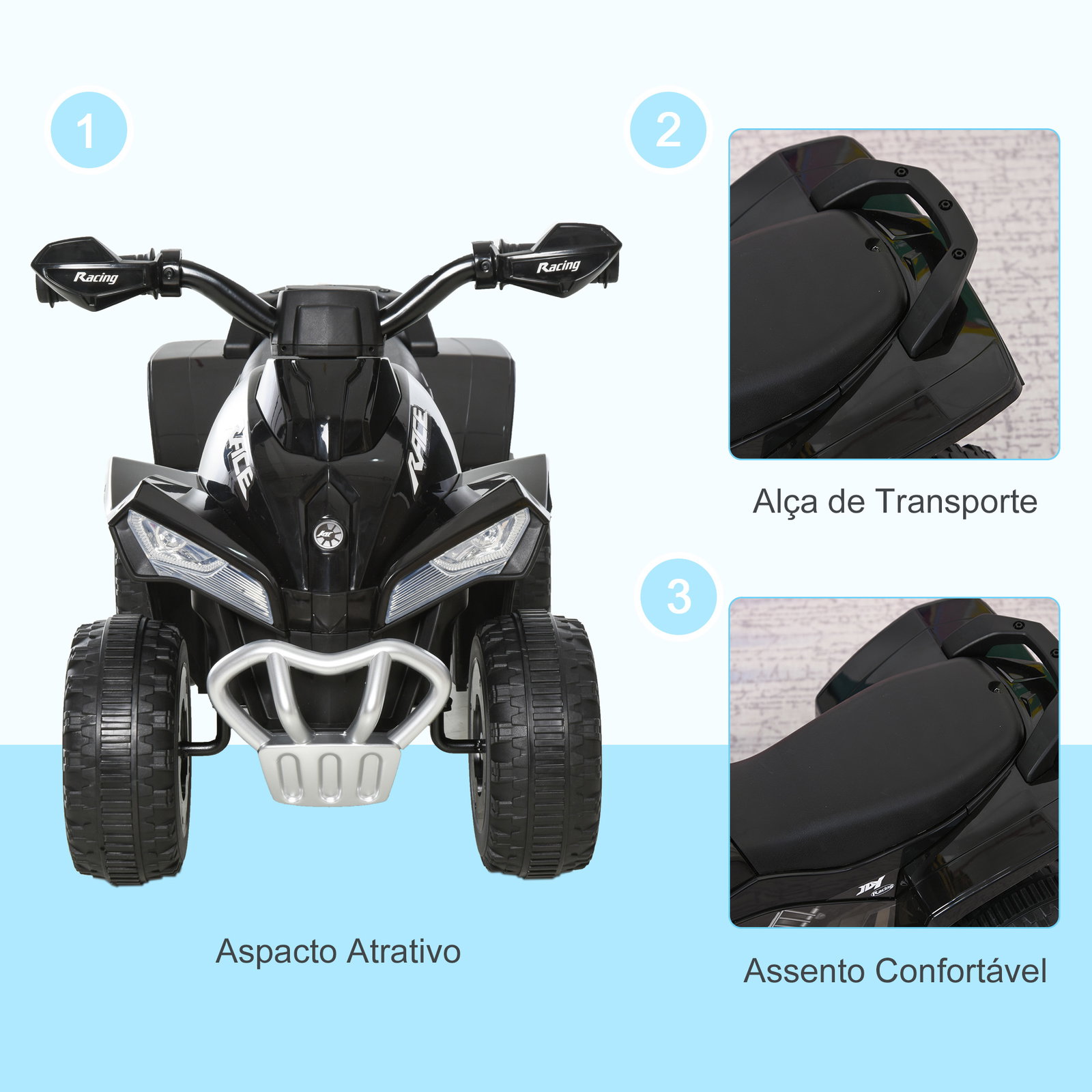 Quadriciclo para crianças carro andador infantil com luzes e música desenho inovador carga 20kg 67,5x38x44 cm preto