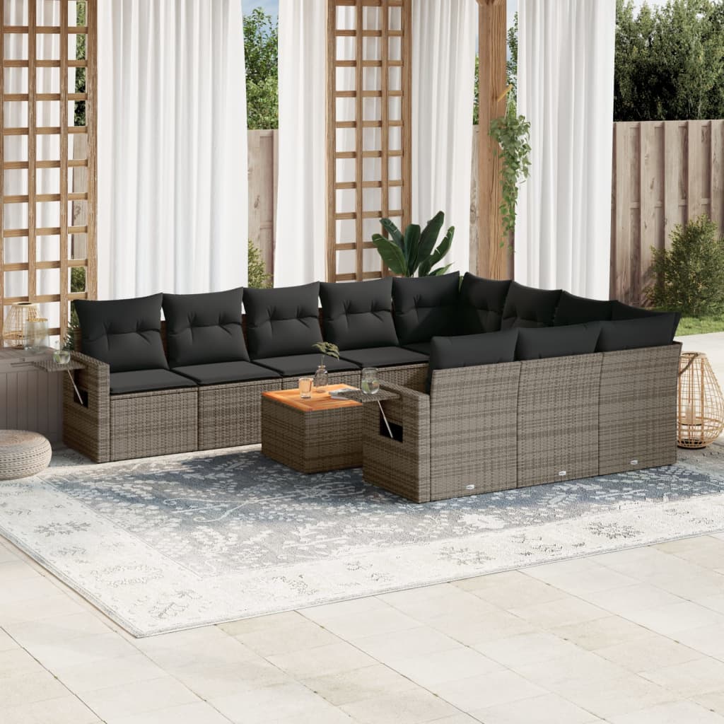 11 Pcs conjunto sofás de jardim c/ almofadões vime PE cinzento