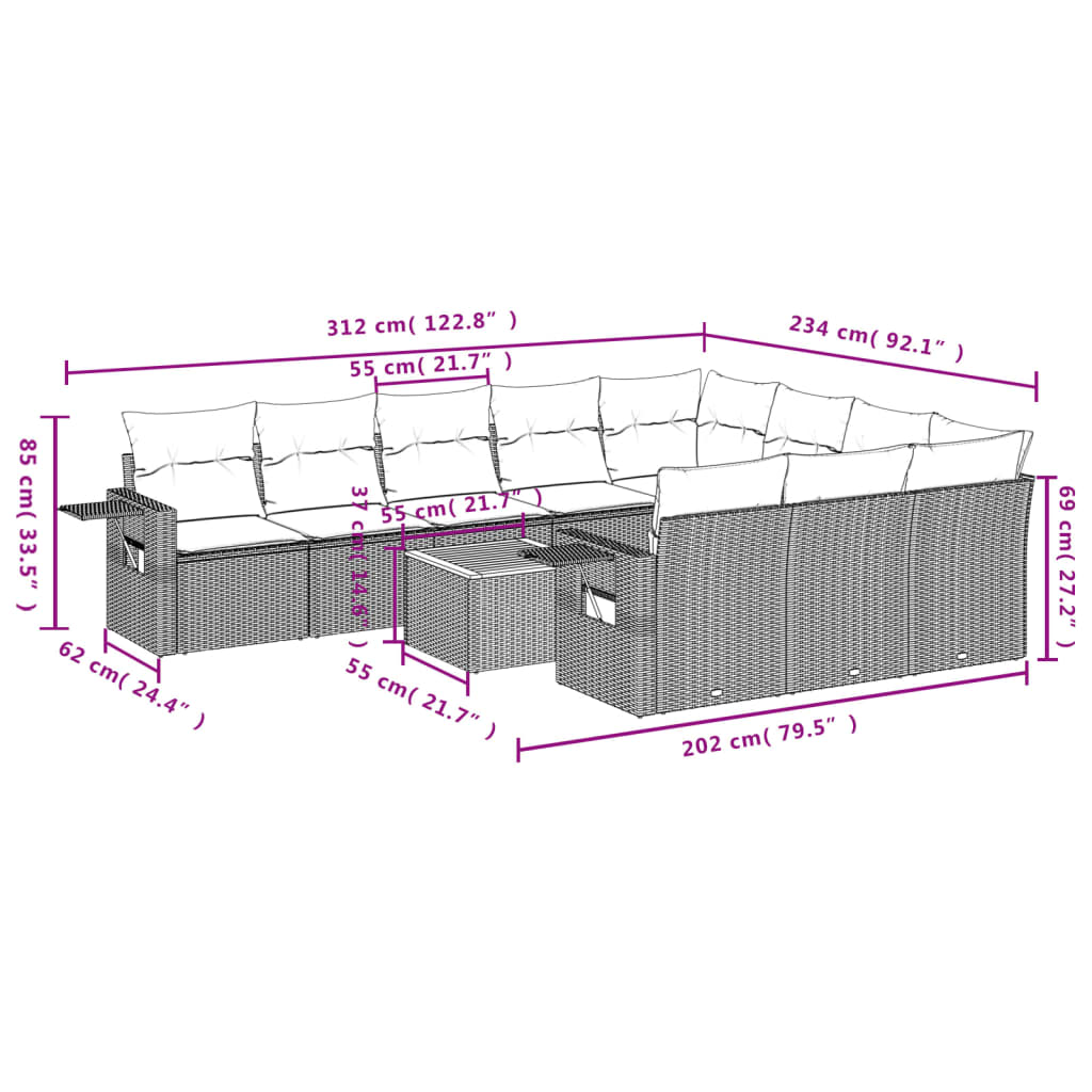 11 Pcs conjunto sofás de jardim c/ almofadões vime PE cinzento