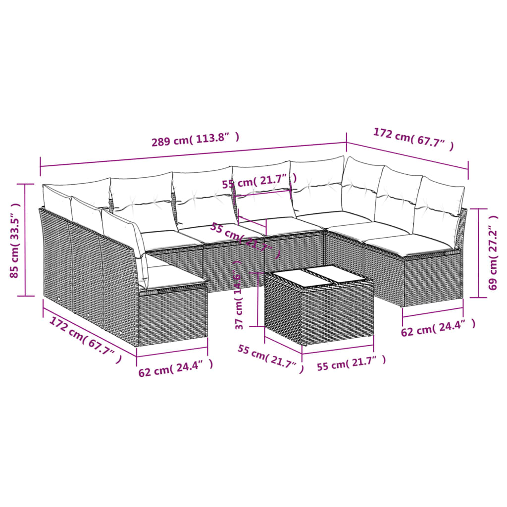 10 Pcs conjunto sofás de jardim c/ almofadões vime PE cinzento