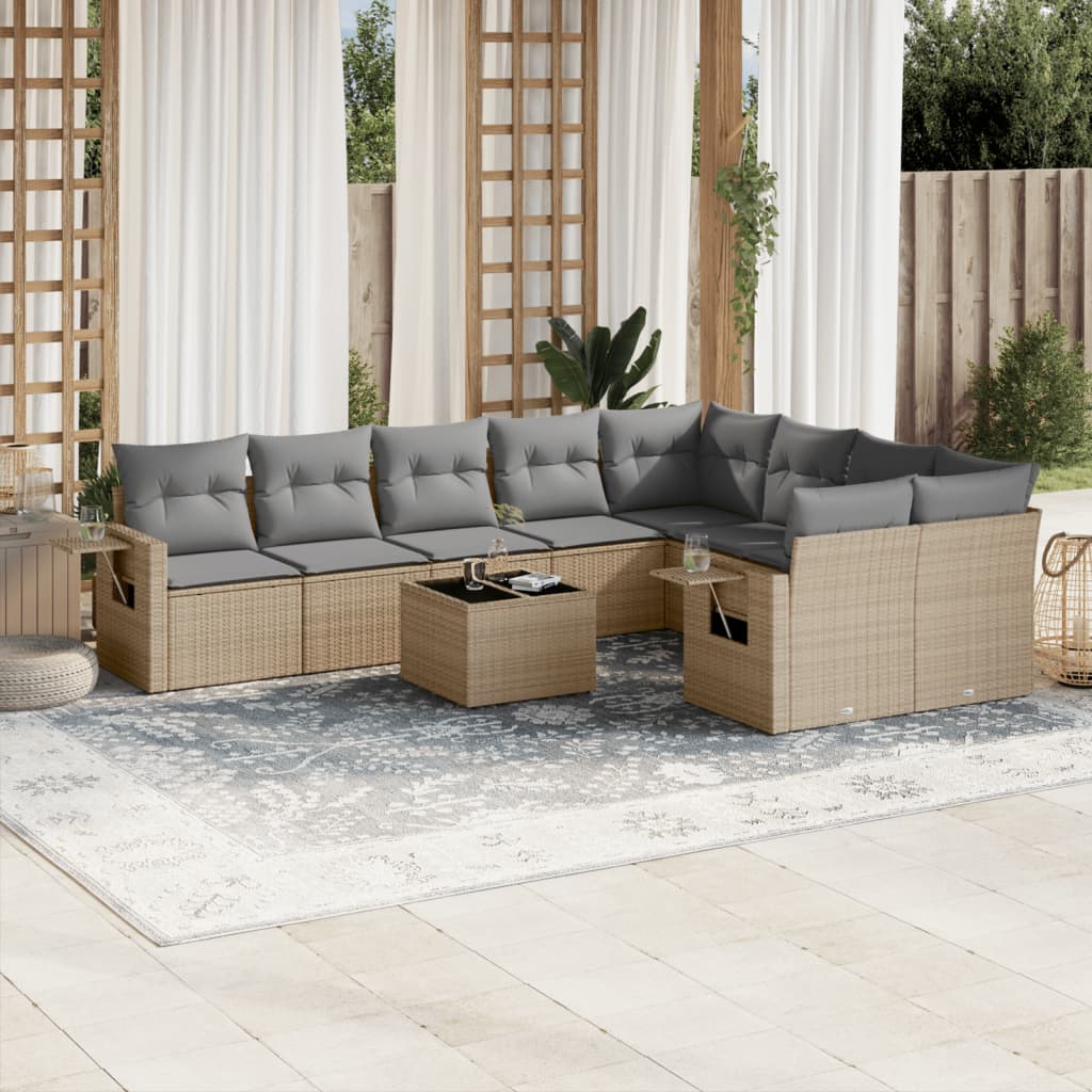 10 Pcs conjunto de sofás p/ jardim com almofadões vime PE bege