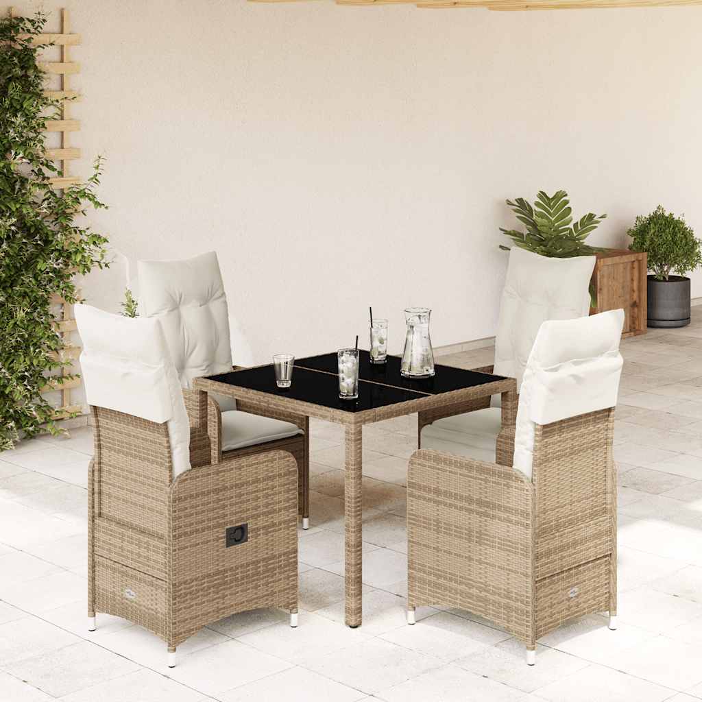 5 Pcs conjunto de bistrô para jardim c/ almofadões vime PE bege