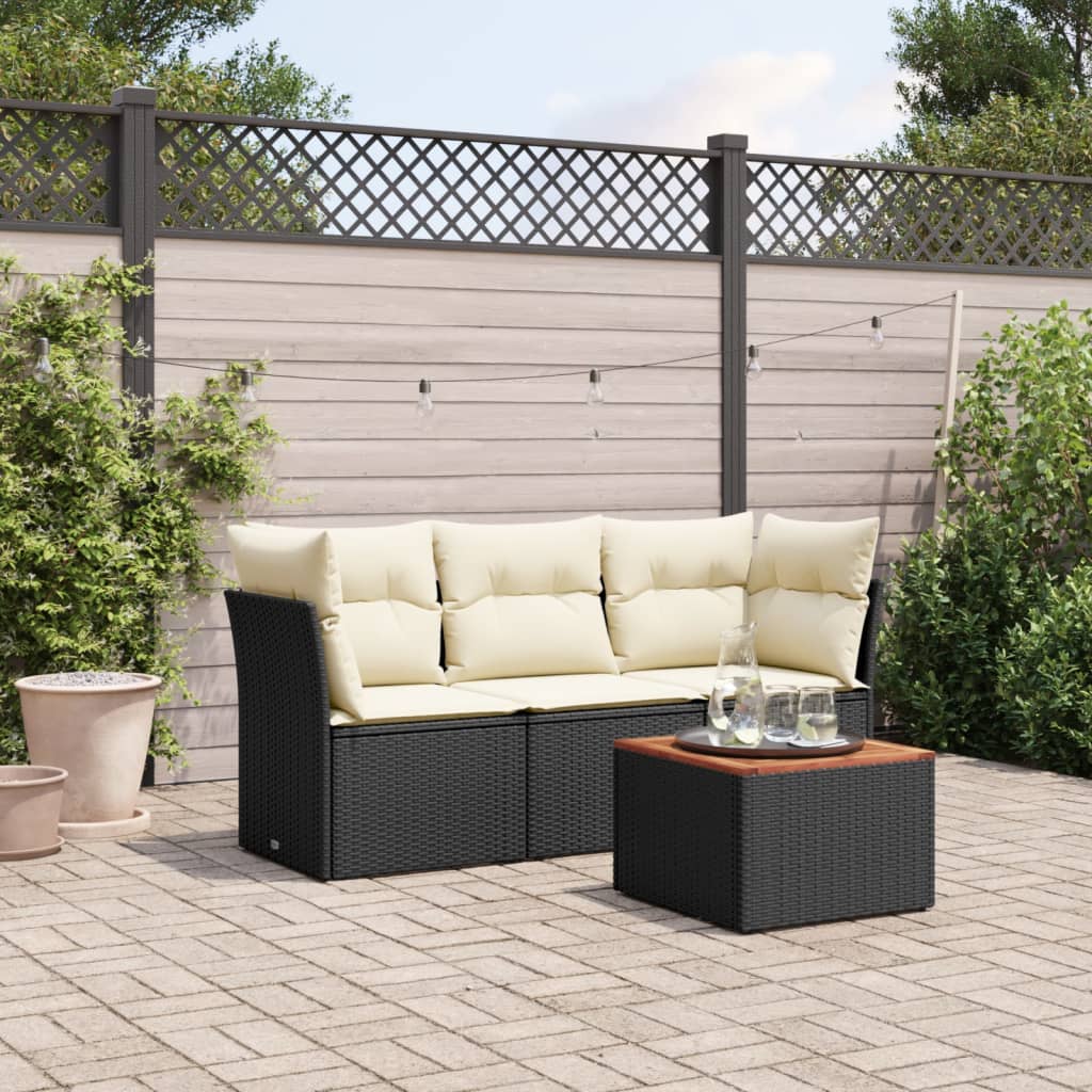 4 Pcs conjunto de sofás para jardim c/ almofadões vime PE preto