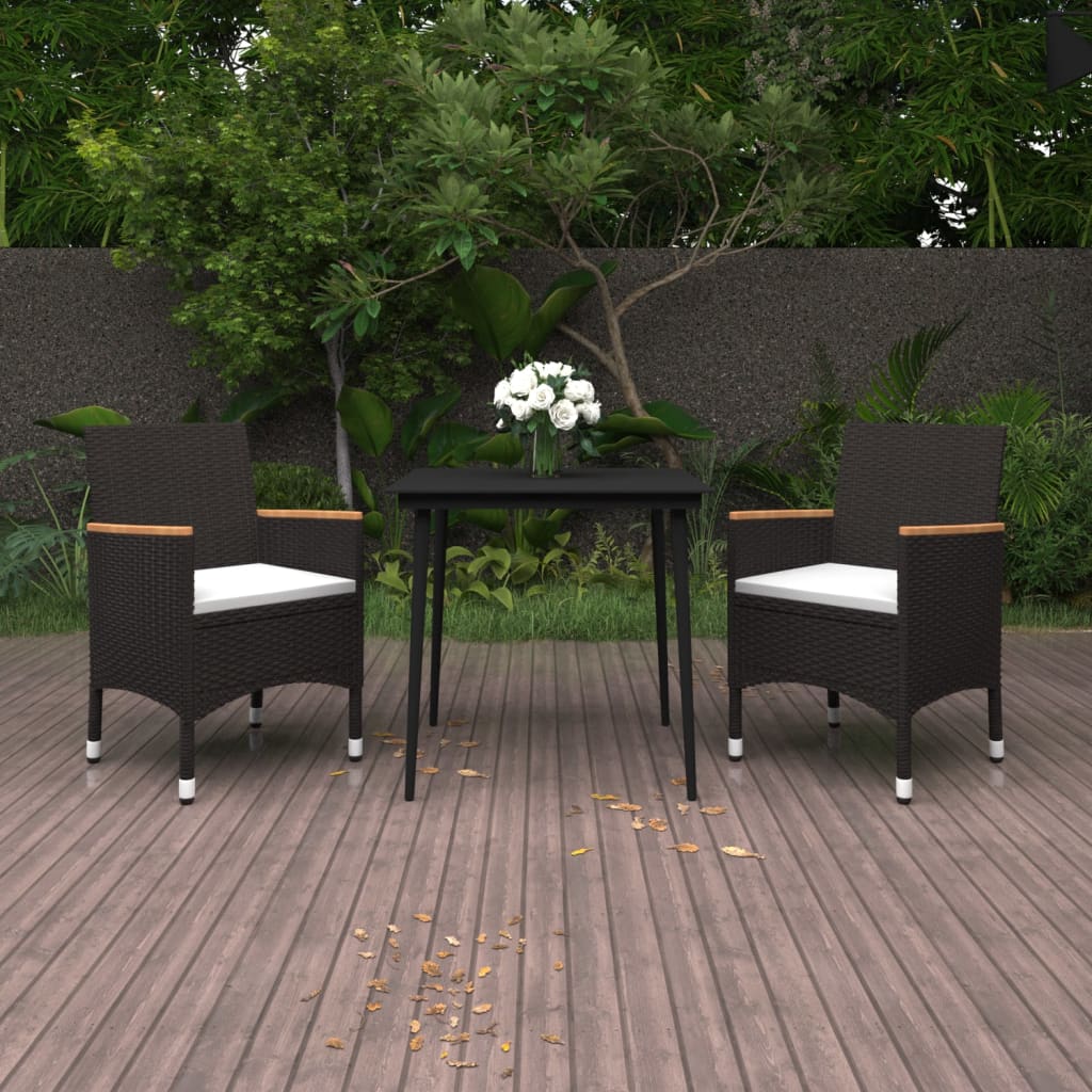 3 Pcs conjunto de jantar p/ jardim c/ almofadões vime PE/vidro
