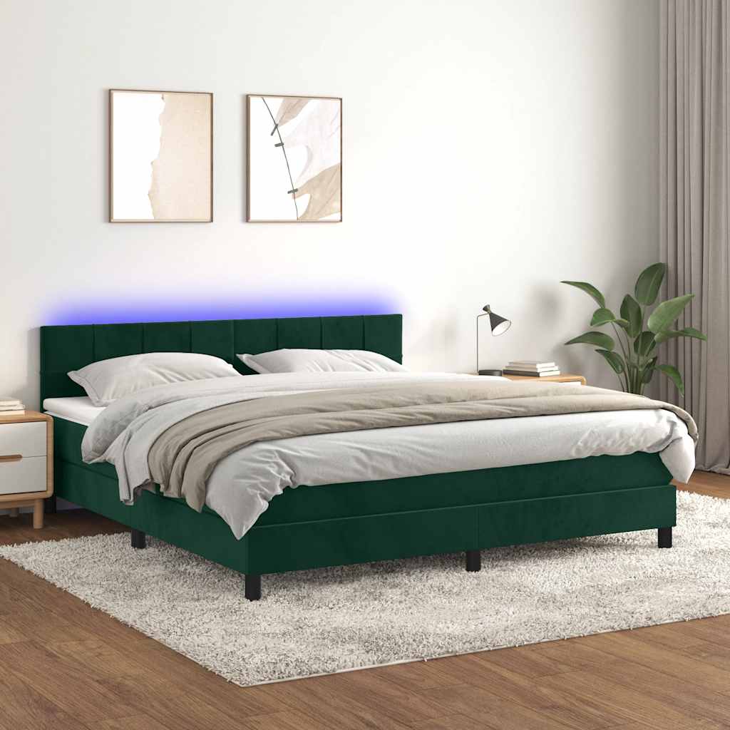 Cama box spring c/ colchão/LED 160x200 cm veludo verde-escuro