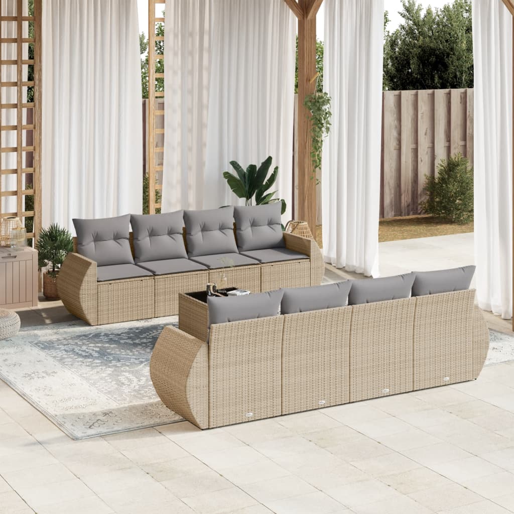 9 Pcs conjunto de sofás p/ jardim com almofadões vime PE bege