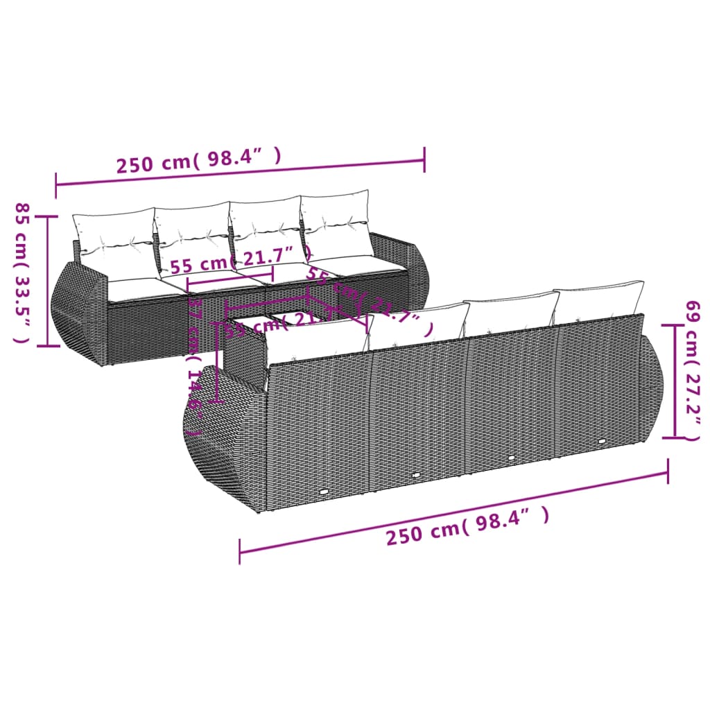 9 Pcs conjunto de sofás p/ jardim com almofadões vime PE bege