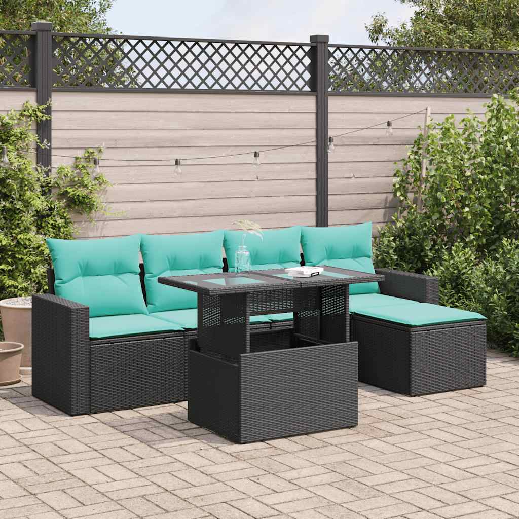 6 Pcs conjunto sofás jardim c/ almofadões vime PE/acácia preto
