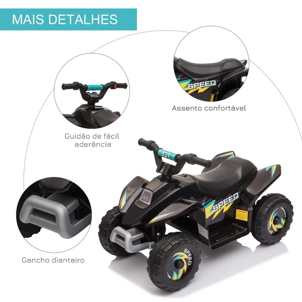 Quadriciclo Elétrico para Crianças de 18-36 Meses Quadriciclo a Bateria 6V com Avance e Retrocesso 72x40x45,5cm Preto