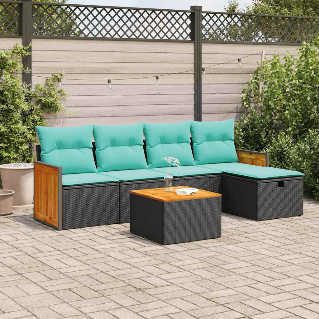 6 Pcs conjunto sofás de jardim c/ almofadões vime PE preto