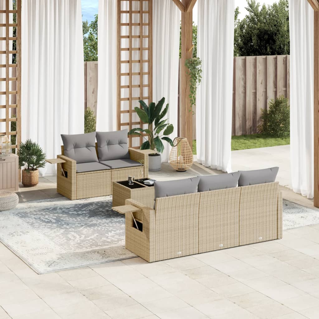 6 Pcs conjunto de sofás p/ jardim com almofadões vime PE bege