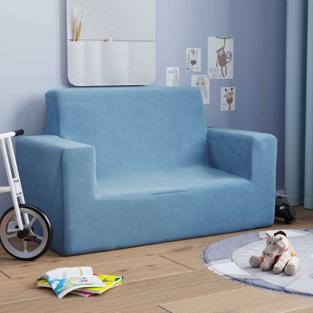 Sofá infantil de 2 lugares pelúcia azul