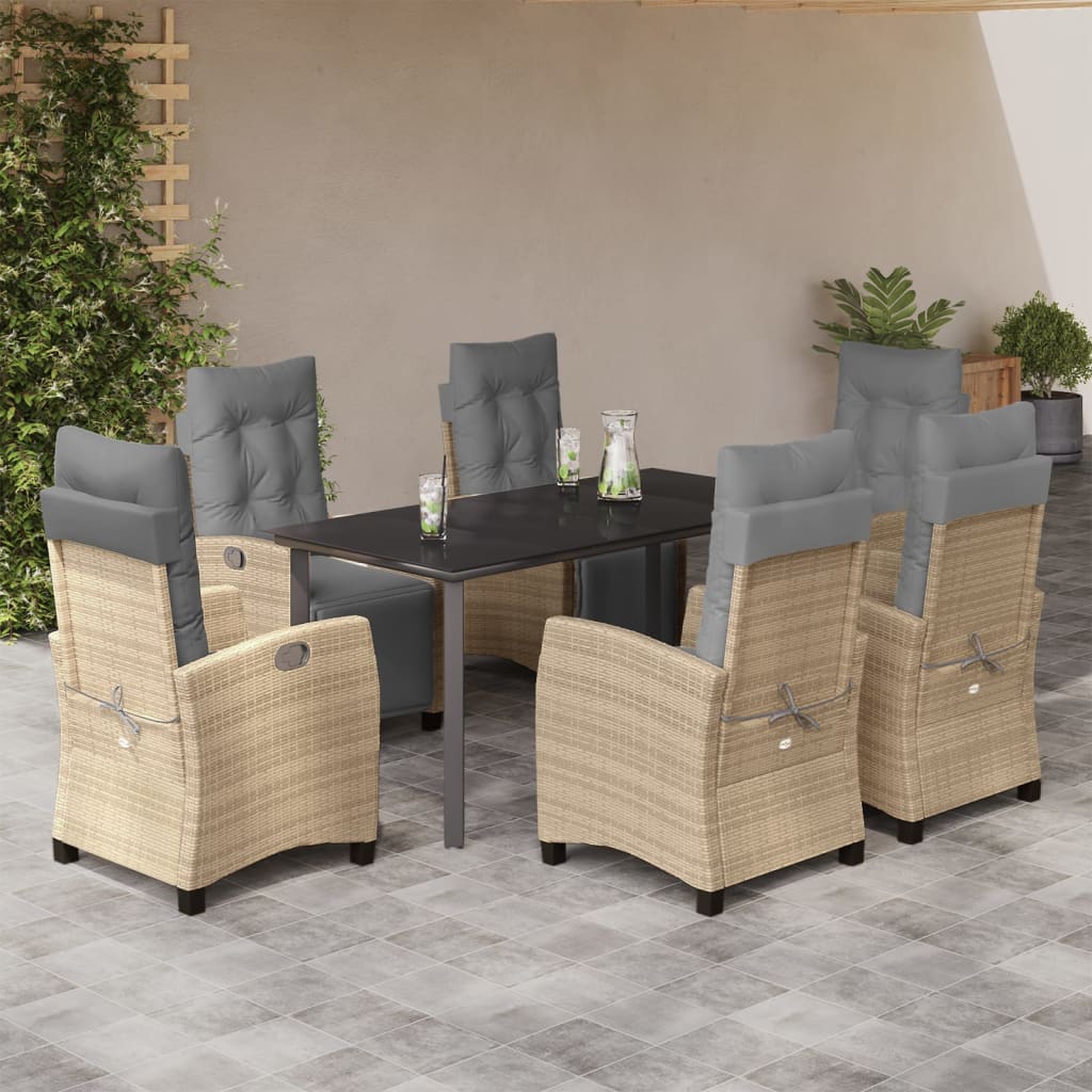 7 Pcs conj. jantar jardim c/ almofadões vime PE bege misturado