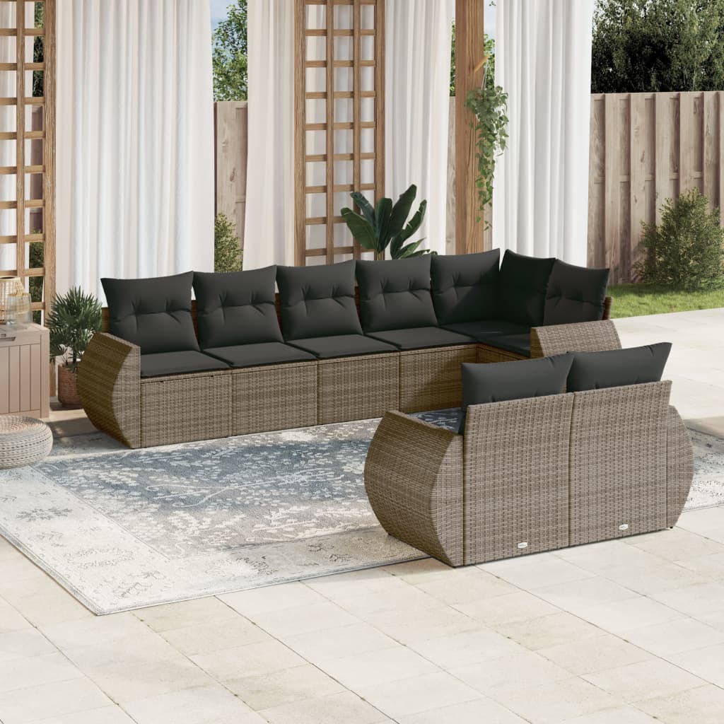 8 Pcs conjunto sofás de jardim c/ almofadões vime PE cinzento