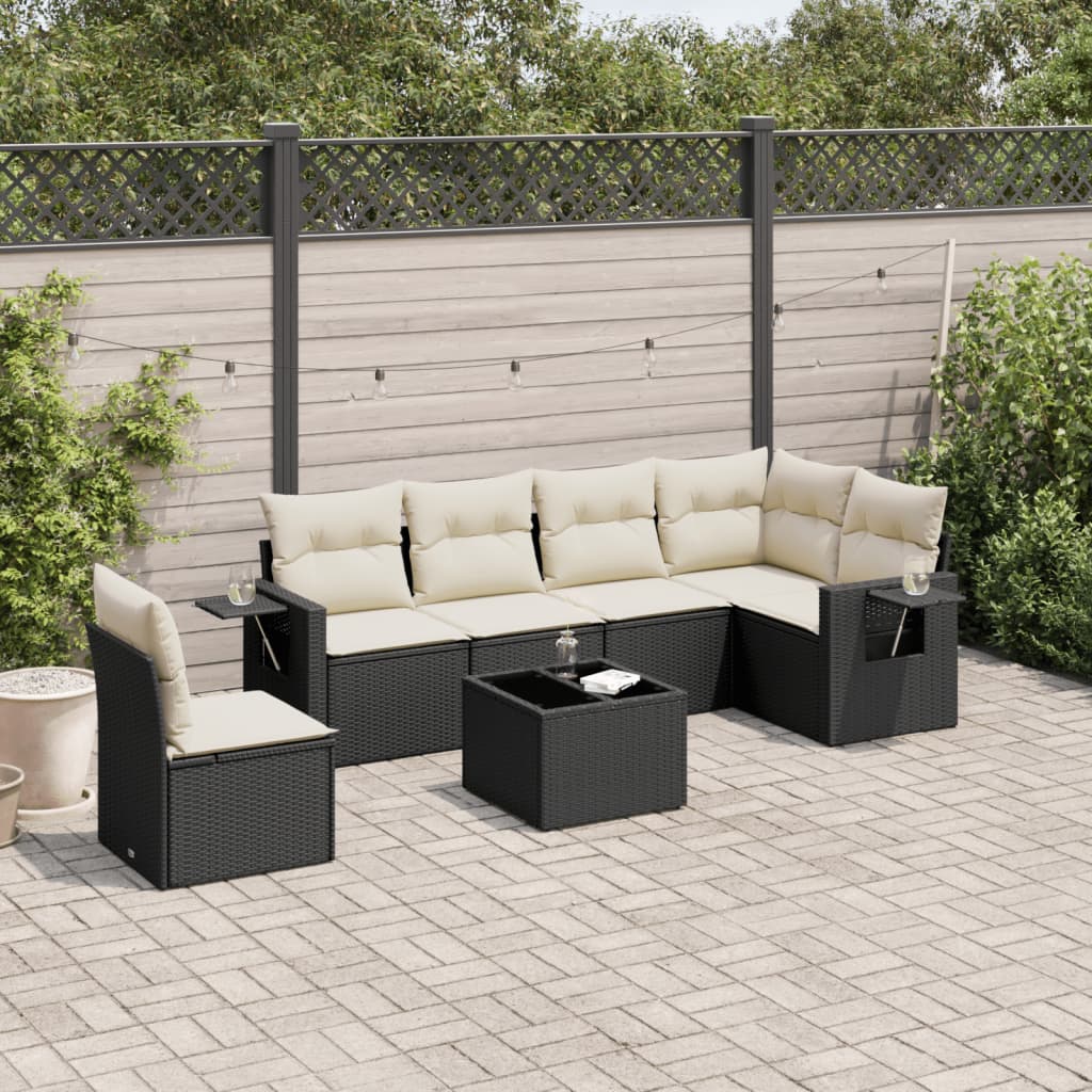 7 Pcs conjunto de sofás p/ jardim c/ almofadões vime PE preto