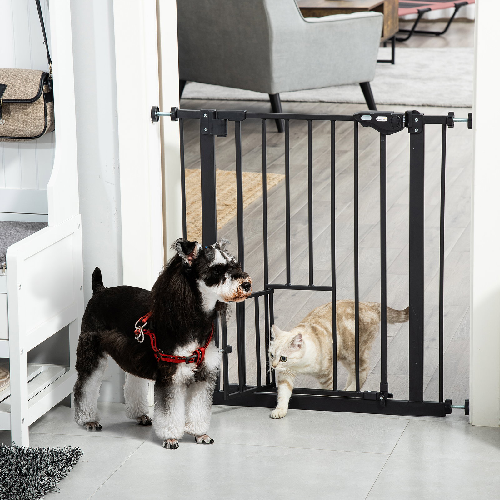 Barreira de Segurança para Animais de Estimação 74-80cm com Porta com Fechamento Automático e Sistema de Duplo Bloqueio Altura 7
