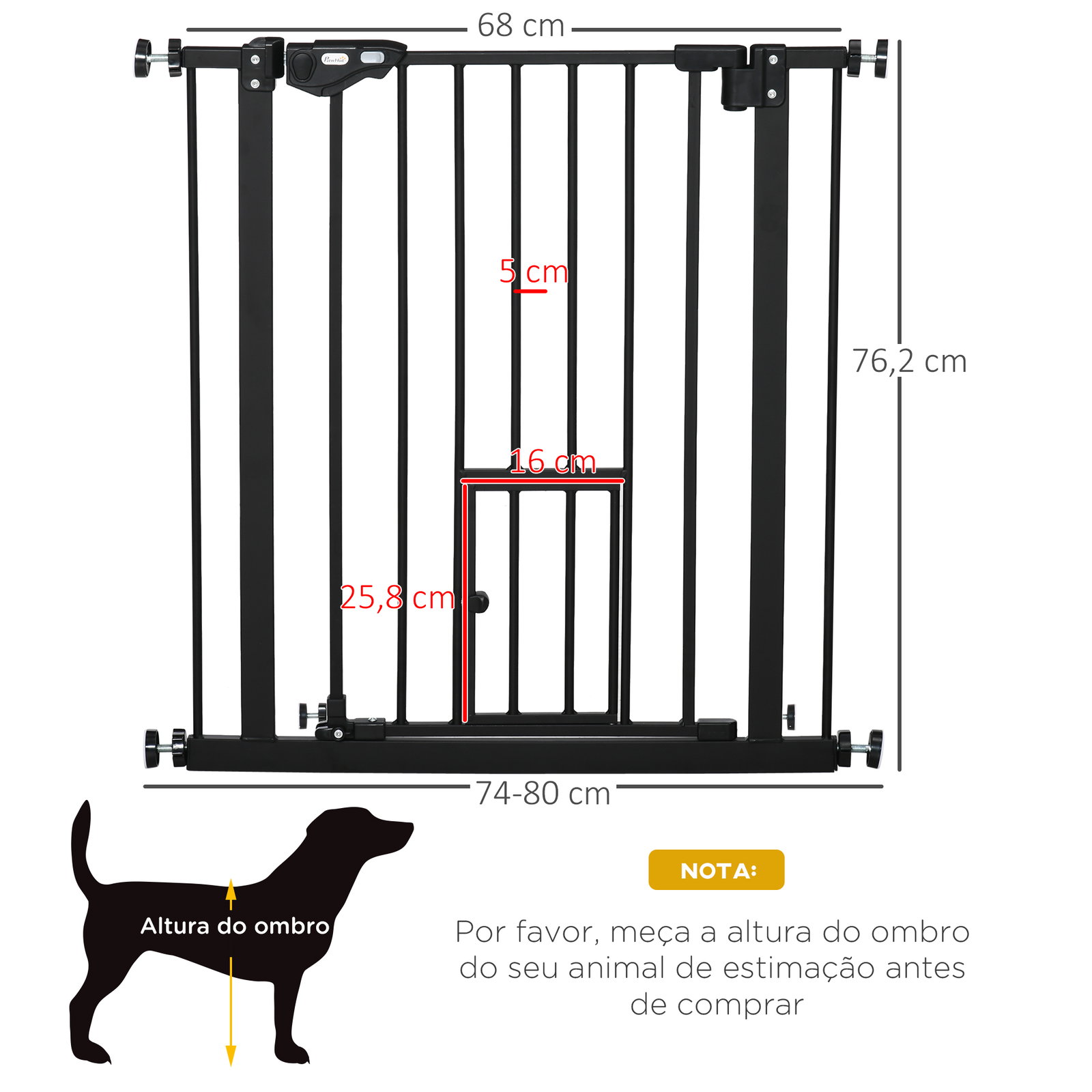 Barreira de Segurança para Animais de Estimação 74-80cm com Porta com Fechamento Automático e Sistema de Duplo Bloqueio Altura 7