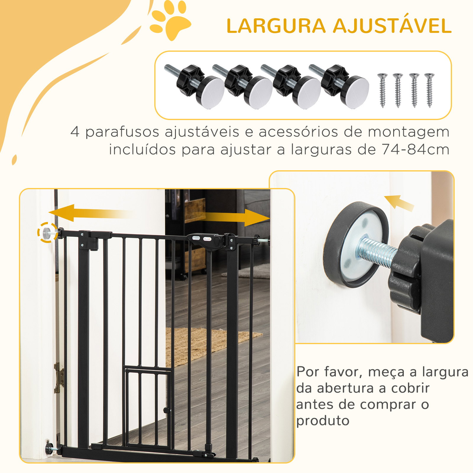 Barreira de Segurança para Animais de Estimação 74-80cm com Porta com Fechamento Automático e Sistema de Duplo Bloqueio Altura 7