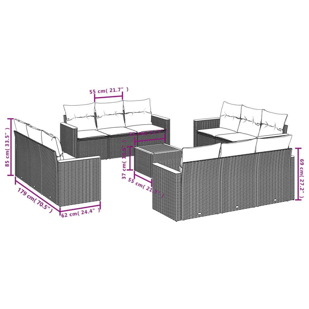 13 Pcs conjunto de sofás de jardim com almofadões vime PE preto