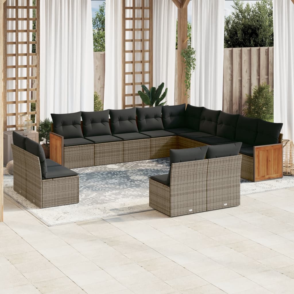 13 Pcs conjunto sofás p/ jardim c/ almofadões vime PE cinzento