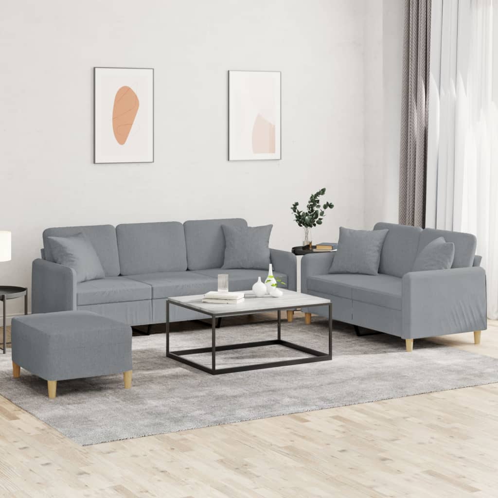 3 Pcs conjunto de sofás com almofadas tecido cinzento-claro