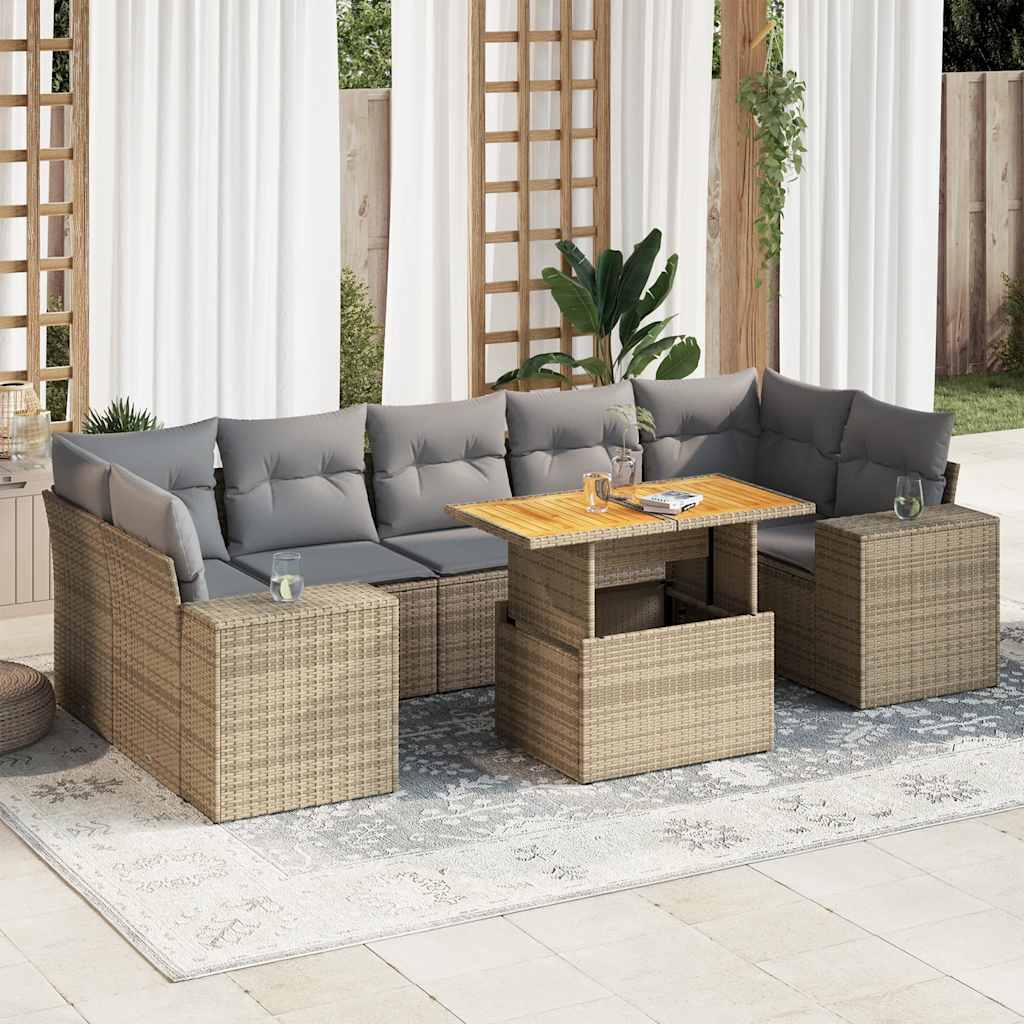 8 Pcs conjunto de sofás p/ jardim com almofadões vime PE bege