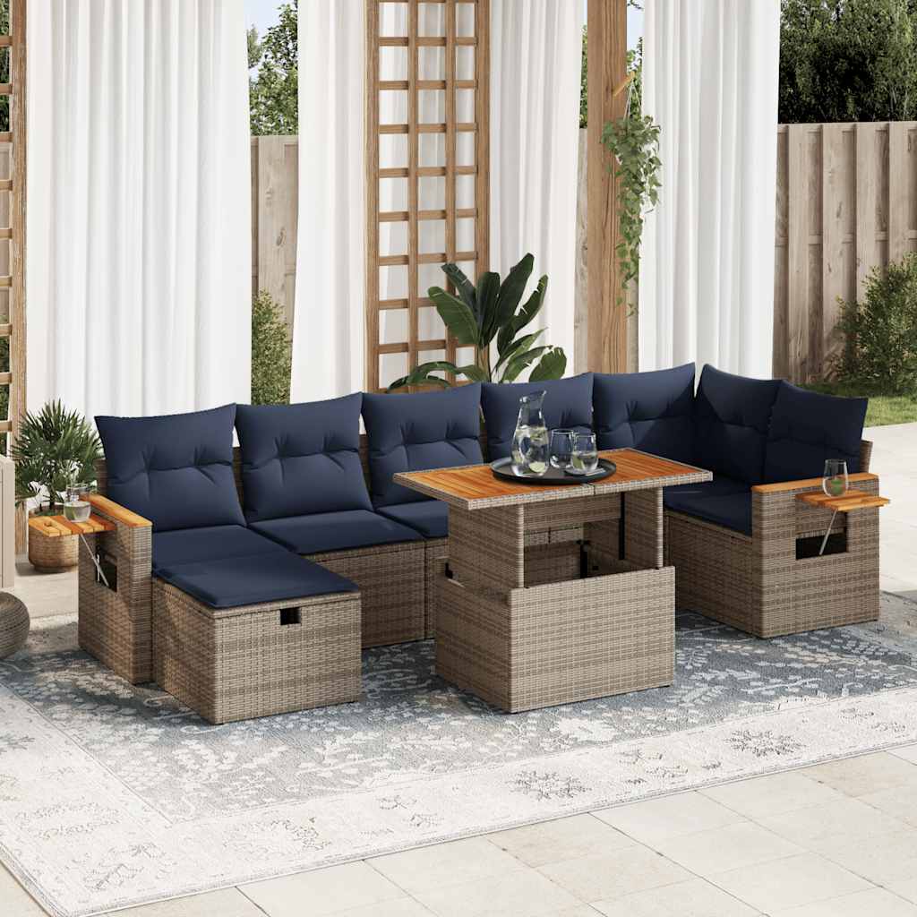 8 Pcs conj. sofás jardim c/ almofadões vime PE/acácia cinzento