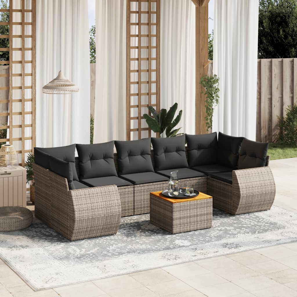 8 Pcs conjunto sofás de jardim c/ almofadões vime PE cinzento