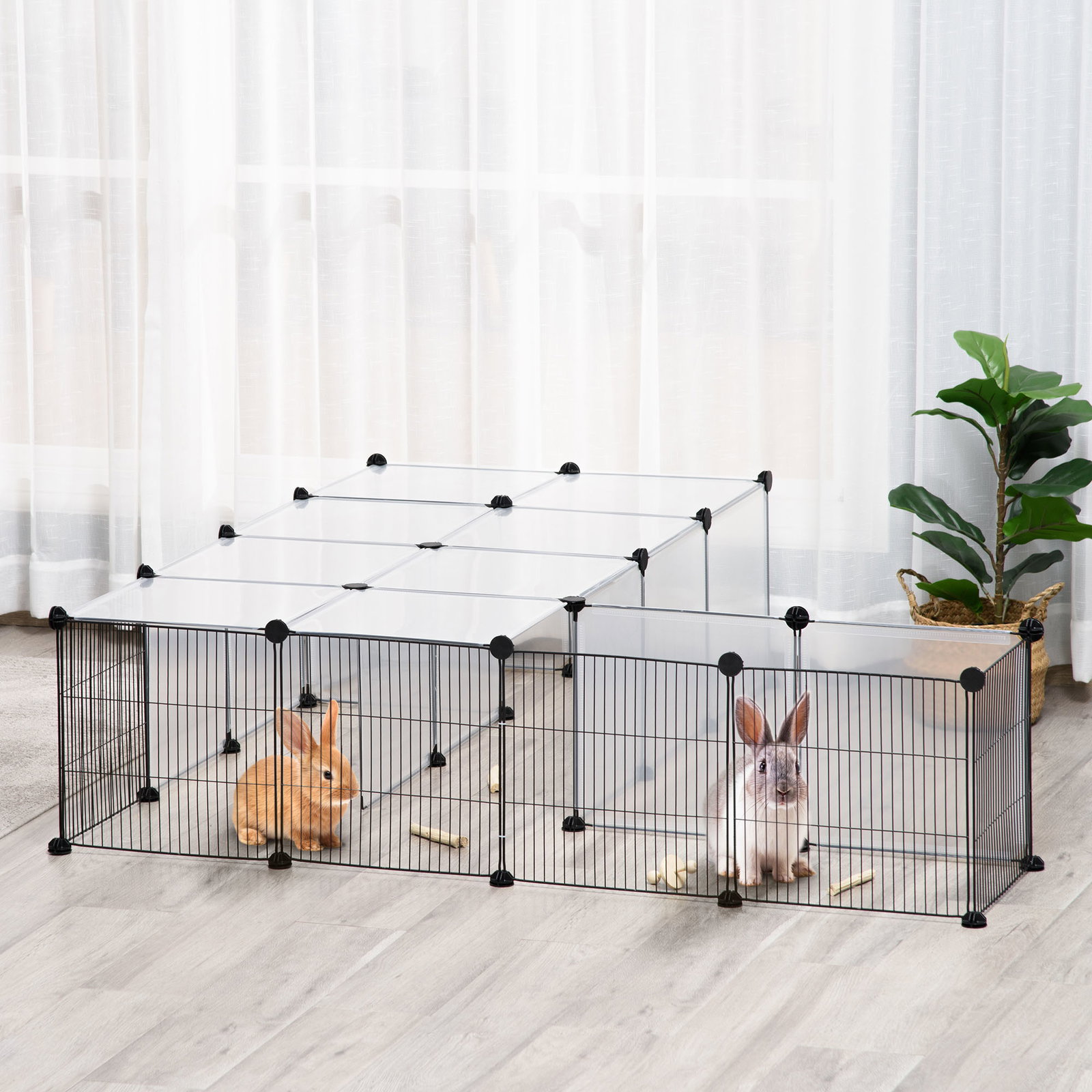 Recinto para Animais Pequenos com 27 Painéis e Forma Personalizável 140x70x70 cm Transparente e Preto
