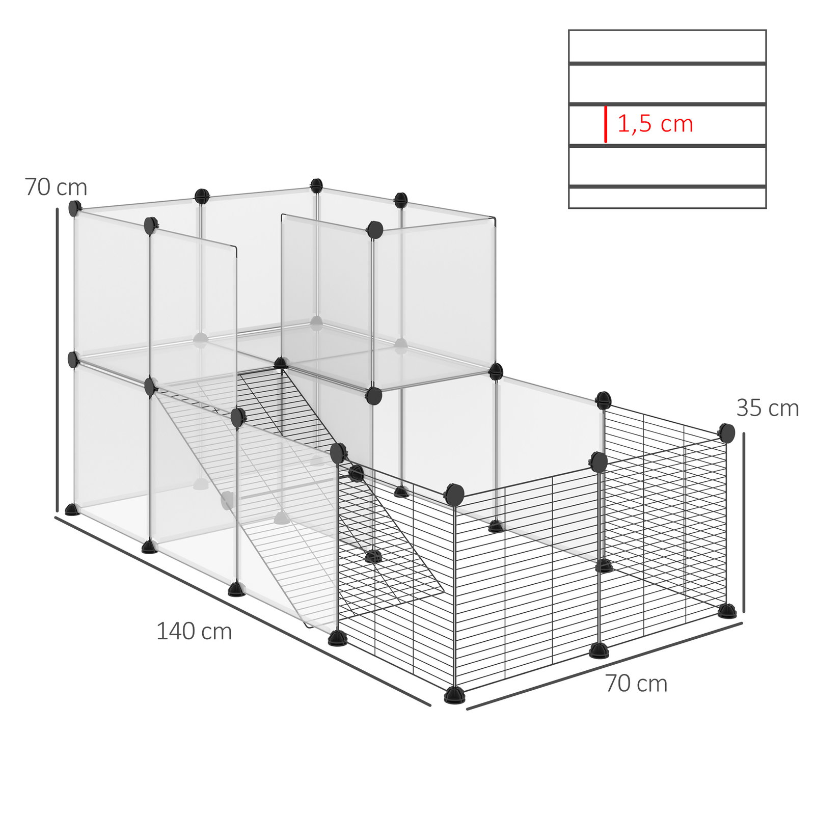 Recinto para Animais Pequenos com 27 Painéis e Forma Personalizável 140x70x70 cm Transparente e Preto
