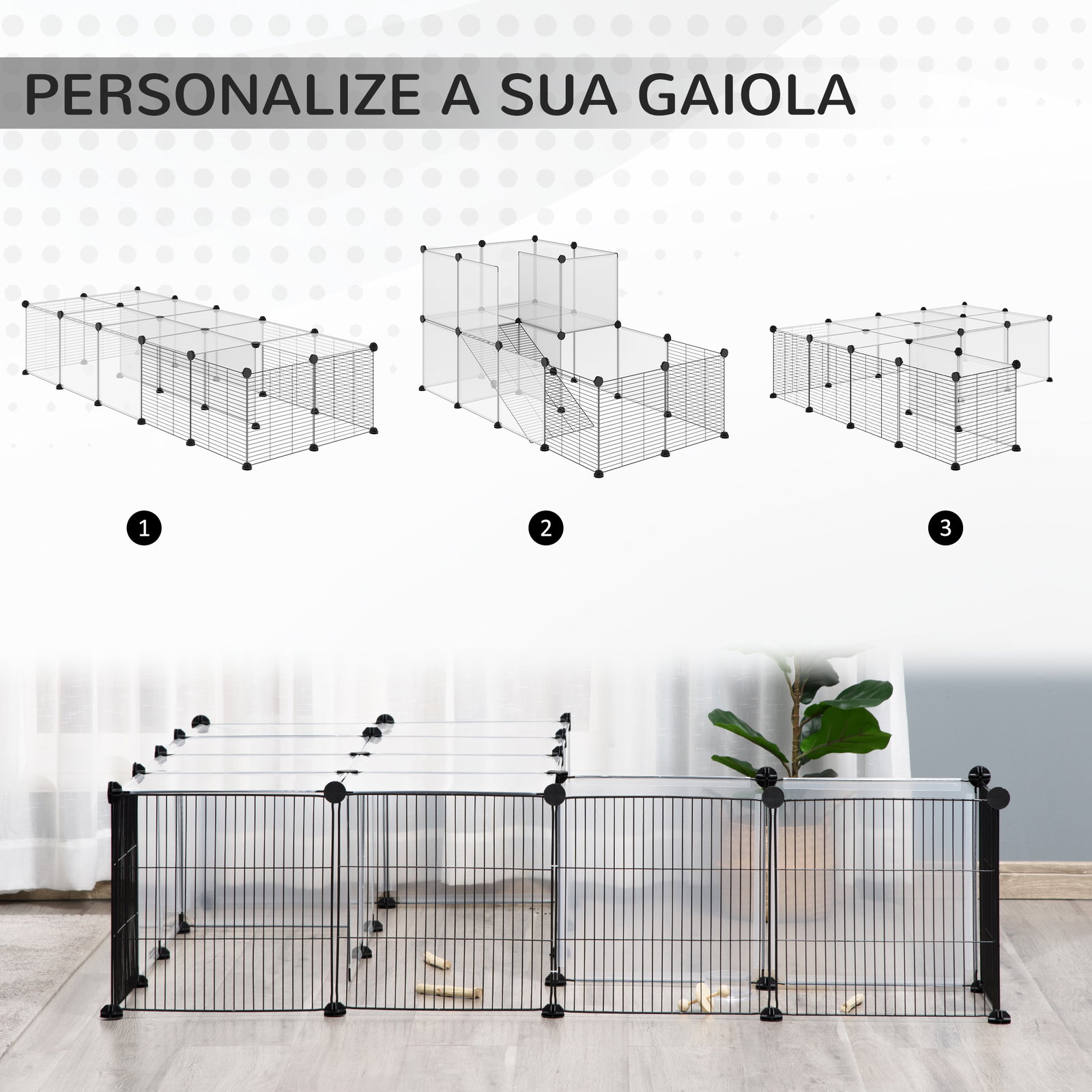 Recinto para Animais Pequenos com 27 Painéis e Forma Personalizável 140x70x70 cm Transparente e Preto