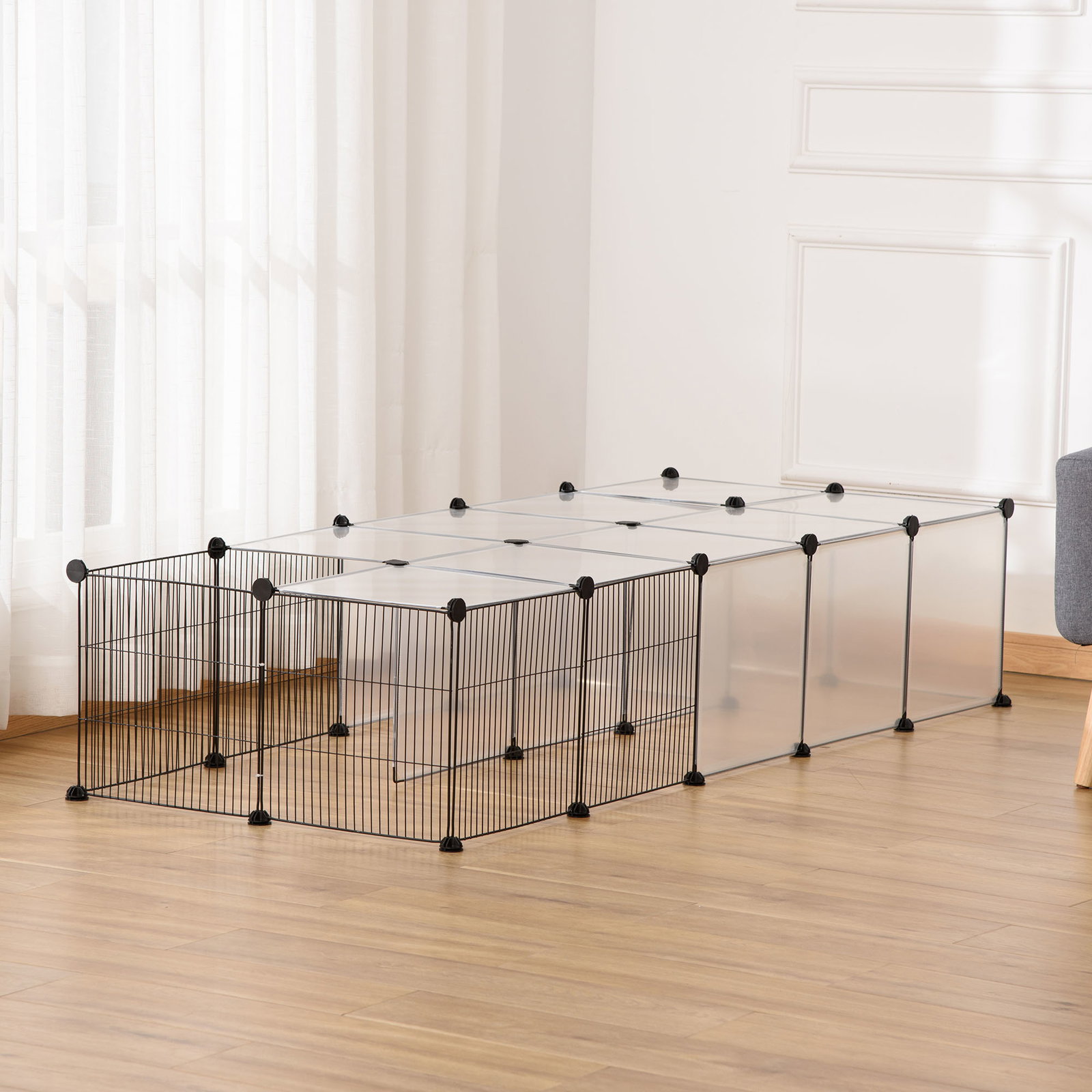 Recinto para Animais Pequenos com 27 Painéis e Forma Personalizável 140x70x70 cm Transparente e Preto