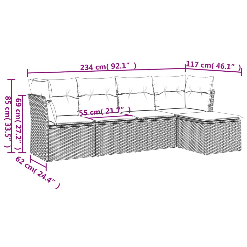 5 Pcs conjunto de sofás p/ jardim com almofadões vime PE bege