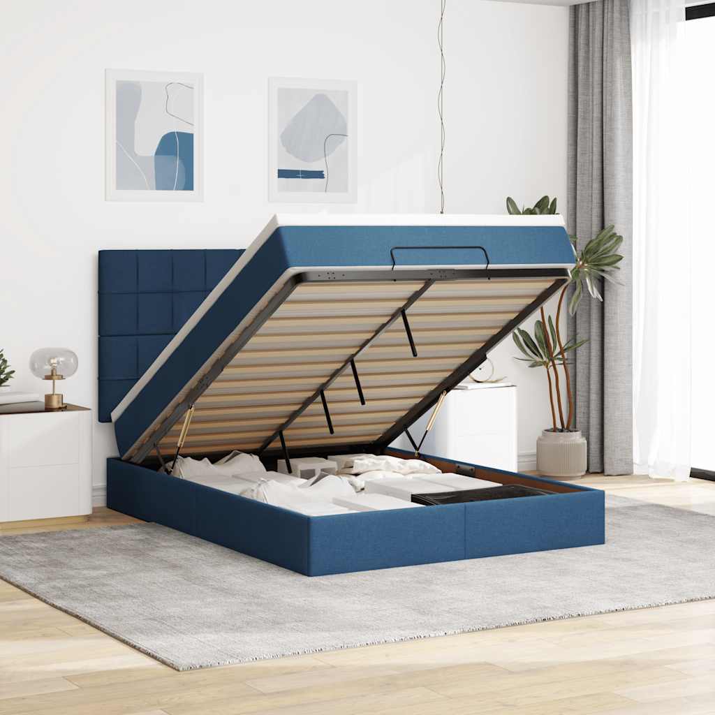 Estrutura de cama otomana com colchão tecido azul 140x200cm