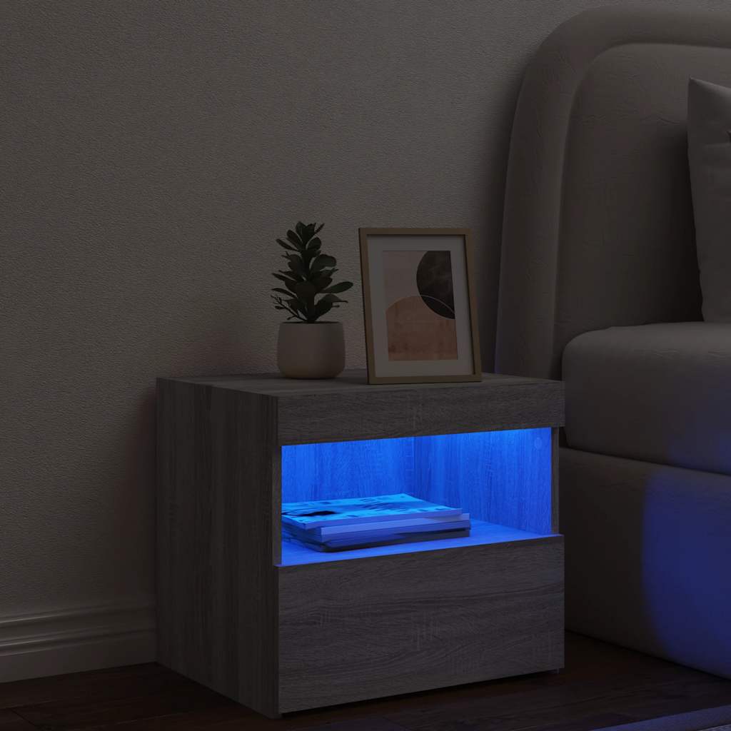 Mesa de cabeceira com luzes LED 50x40x45 cm cinzento-sonoma