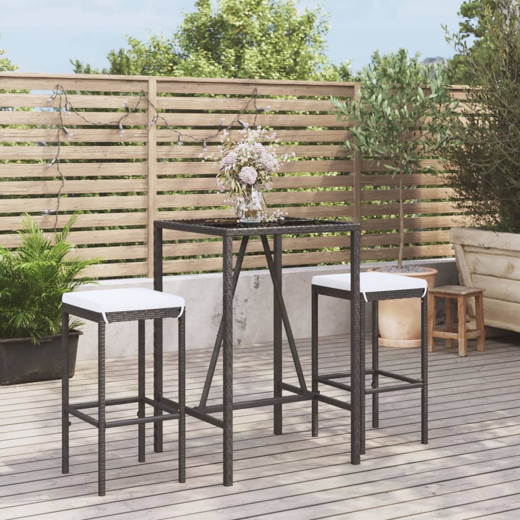 3 Pcs conjunto de bar para jardim c/ almofadões vime PE preto