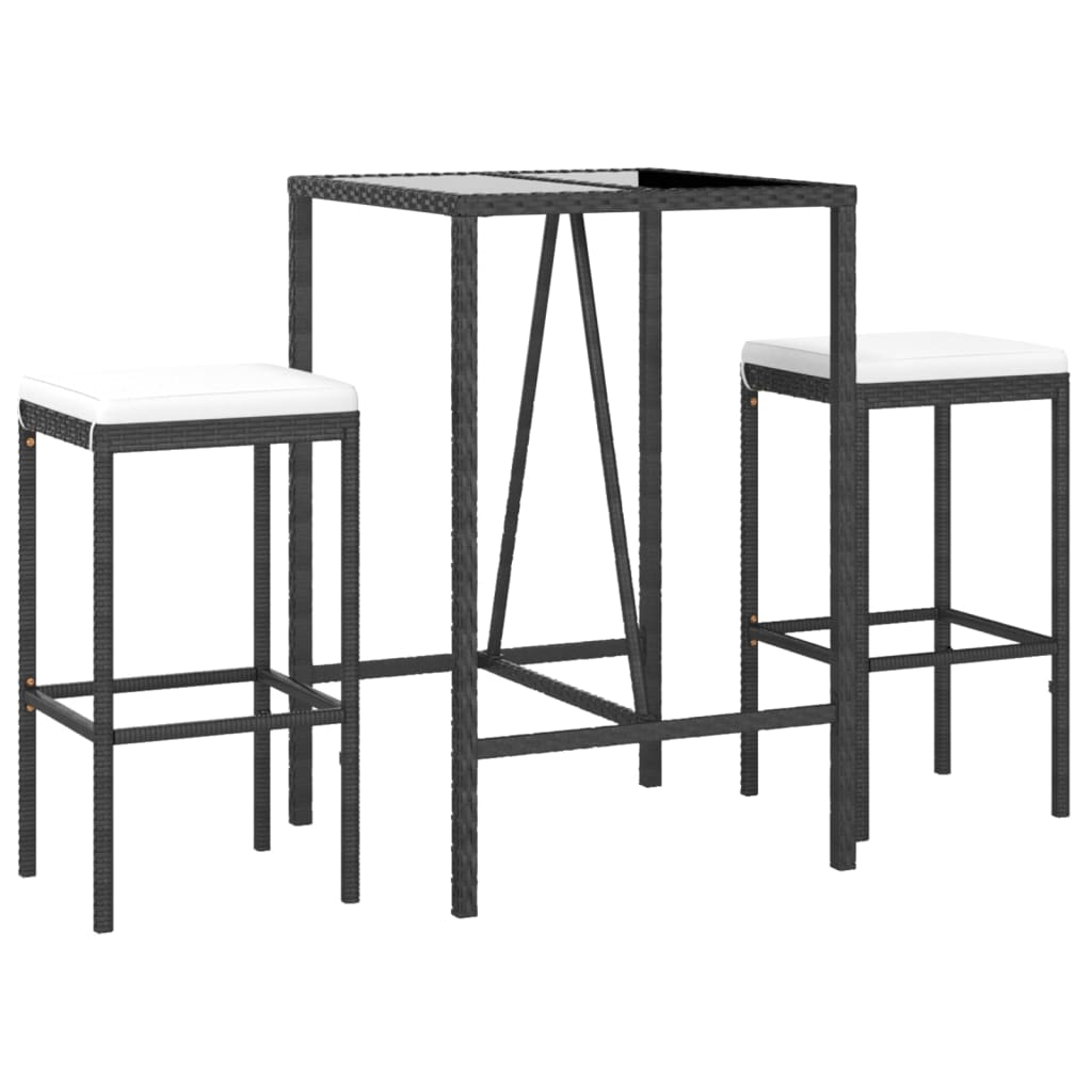 3 Pcs conjunto de bar para jardim c/ almofadões vime PE preto
