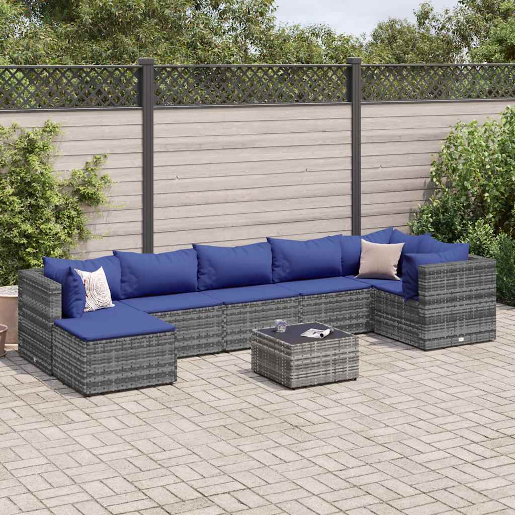 8 Pcs conjunto lounge de jardim c/ almofadões vime PE cinzento