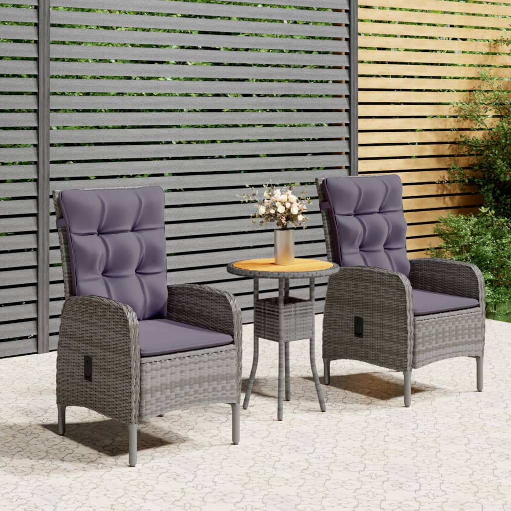 3 Pcs conjunto de bistrô para jardim vime PE cinzento