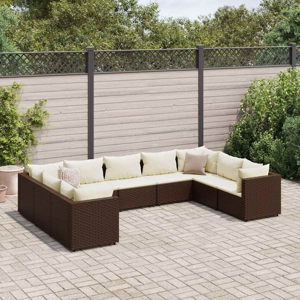 9 Pcs conjunto lounge de jardim c/ almofadões vime PE castanho