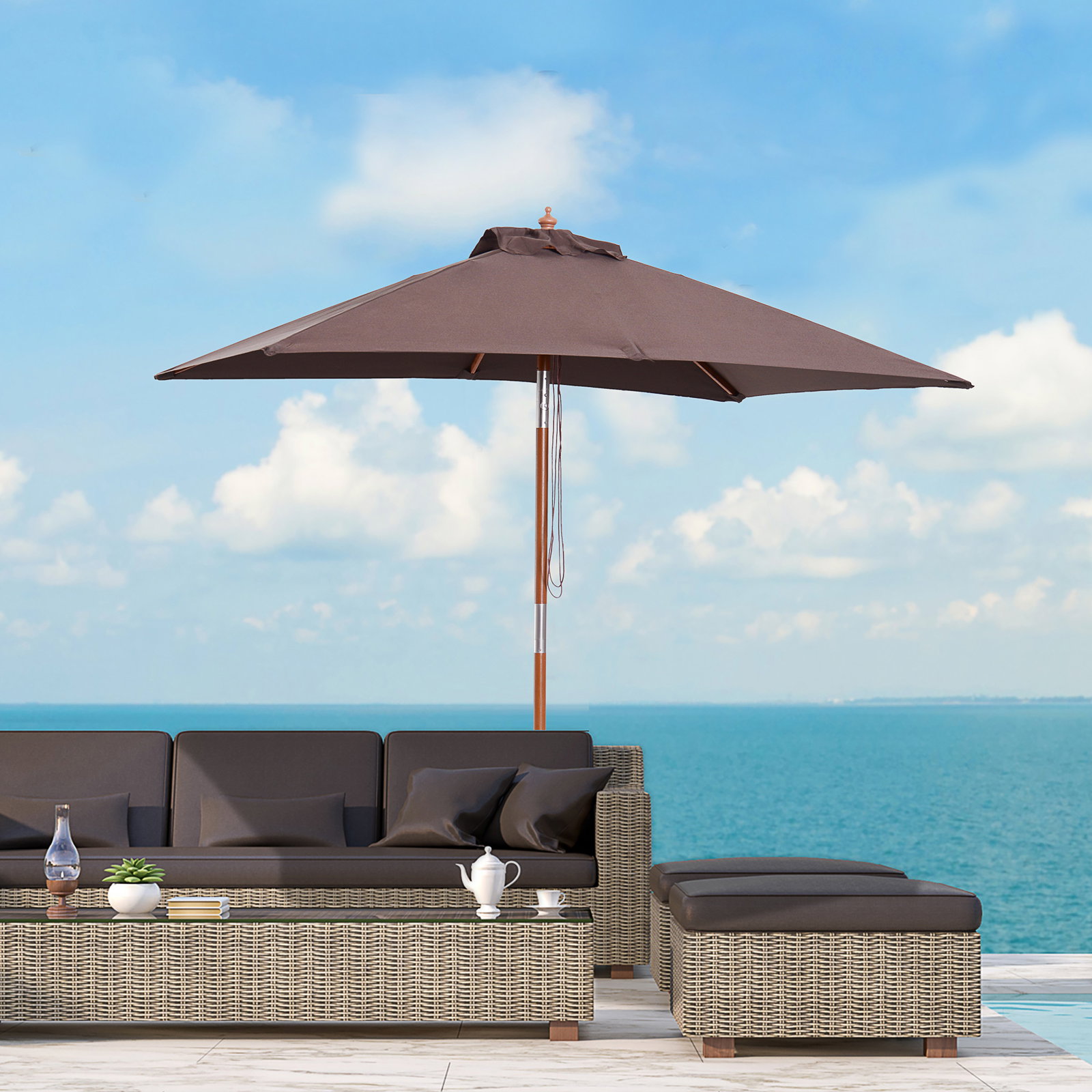 Chapéu de sol de jardim 200x150x230 cm chapéu de sol retangular inclinável com polia duplo teto marrom