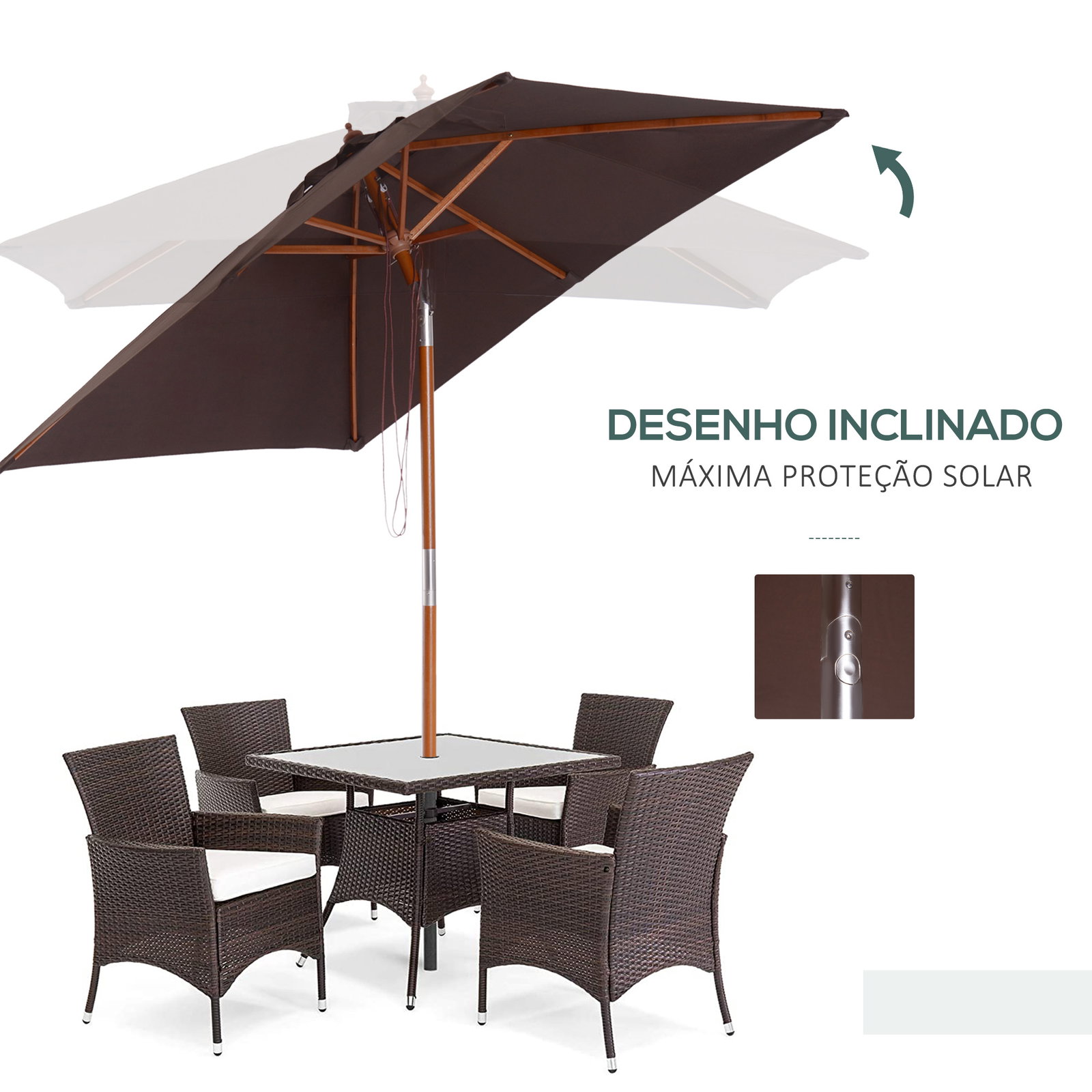 Chapéu de sol de jardim 200x150x230 cm chapéu de sol retangular inclinável com polia duplo teto marrom