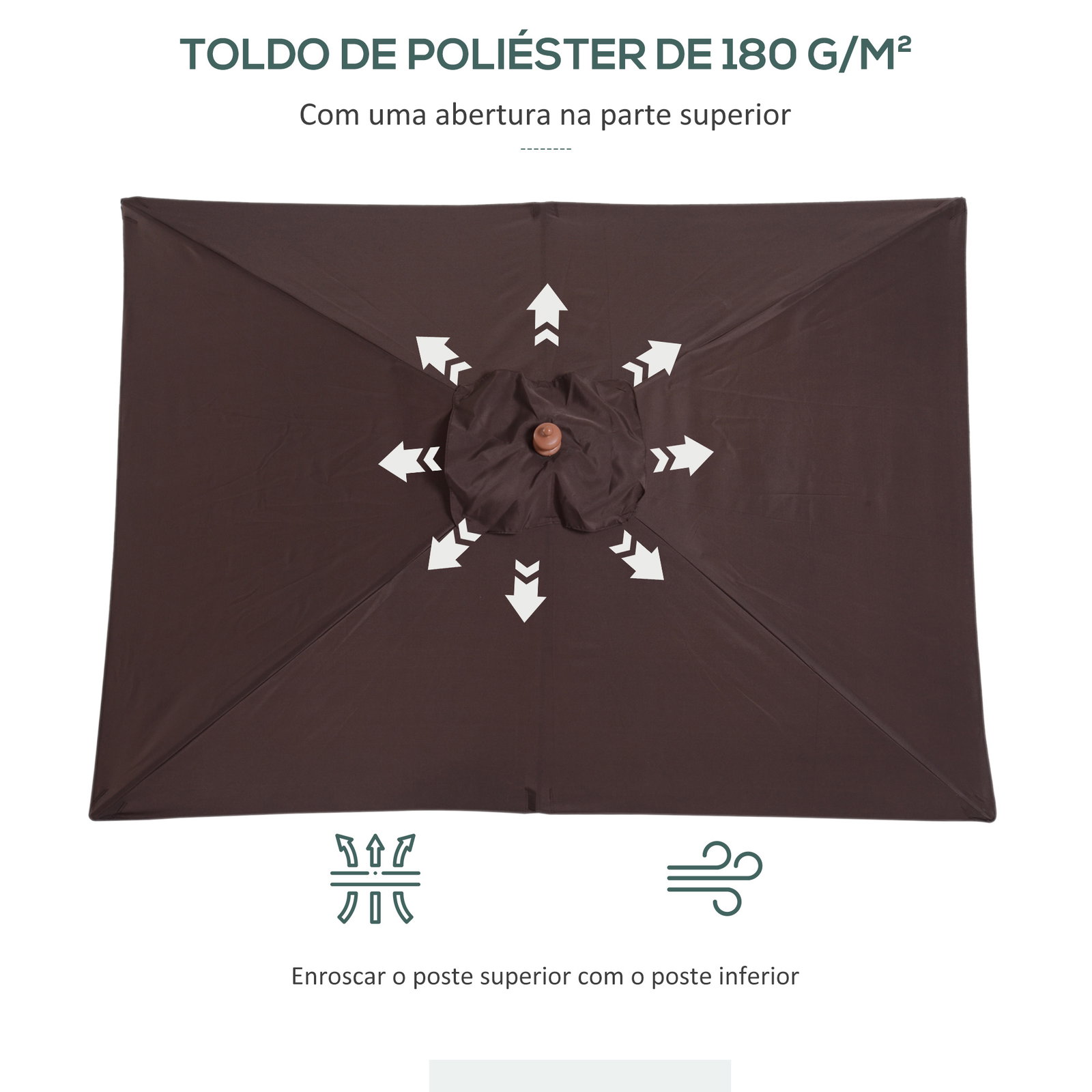 Chapéu de sol de jardim 200x150x230 cm chapéu de sol retangular inclinável com polia duplo teto marrom