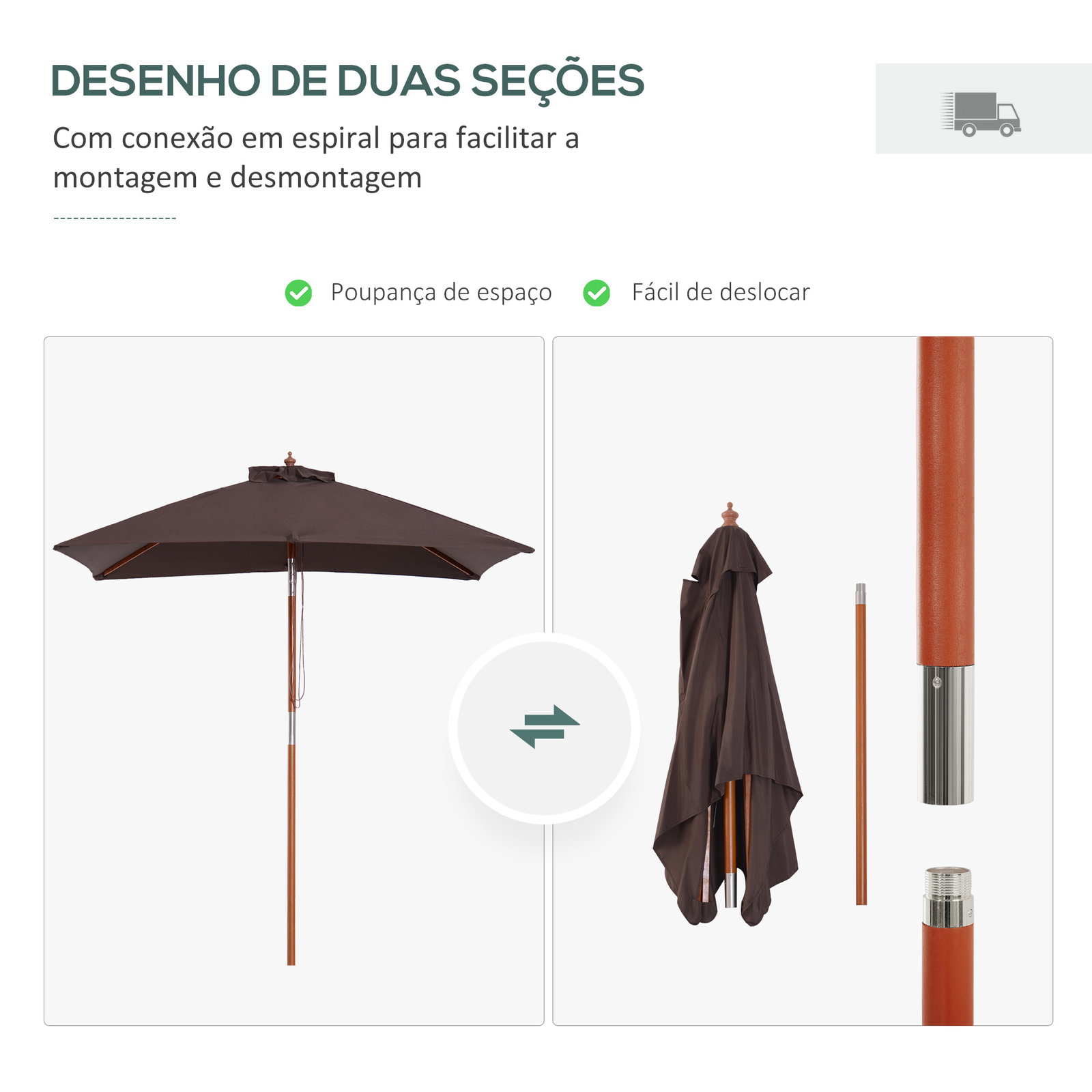 Chapéu de sol de jardim 200x150x230 cm chapéu de sol retangular inclinável com polia duplo teto marrom