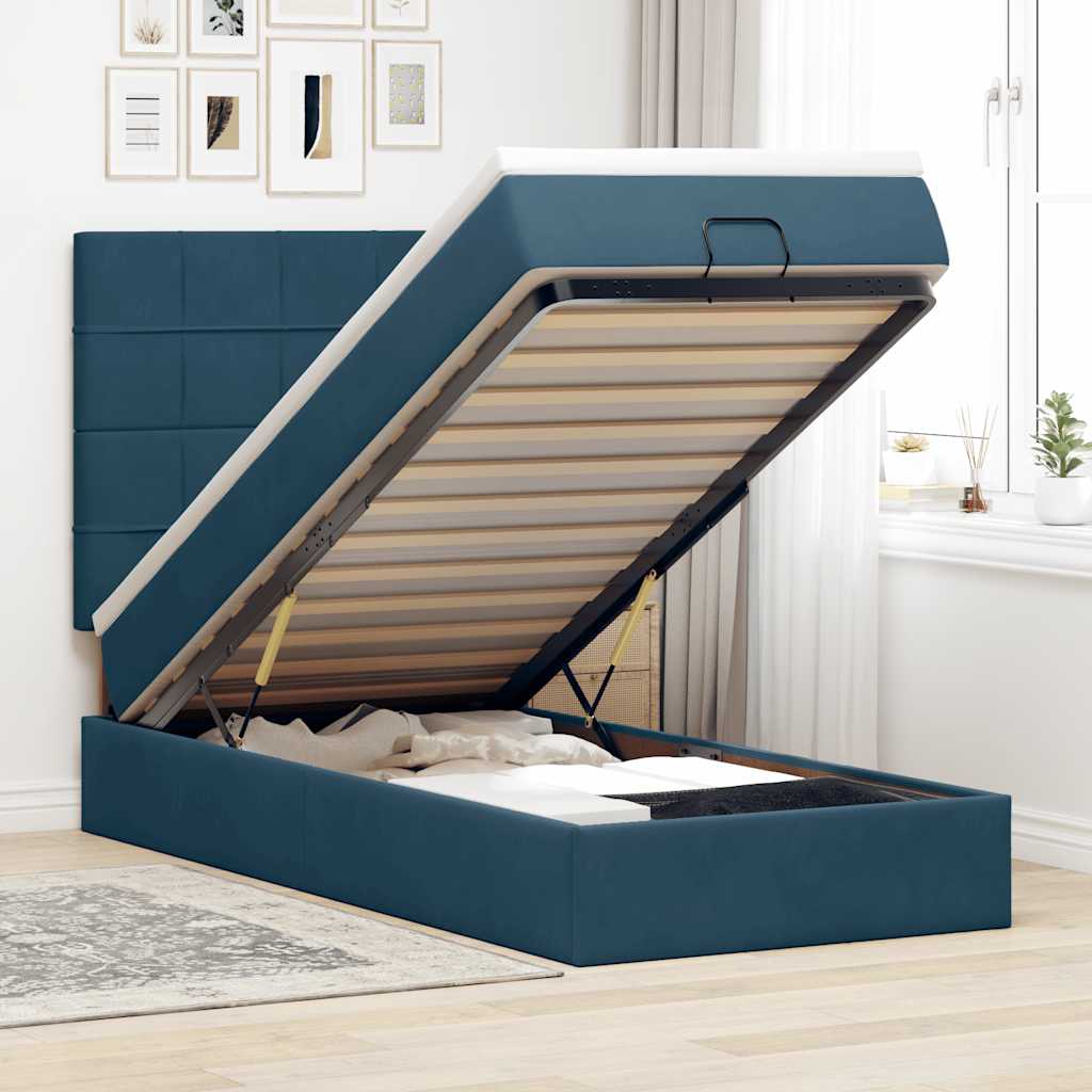 Estrutura de cama otomana com colchões azul escuro veludo