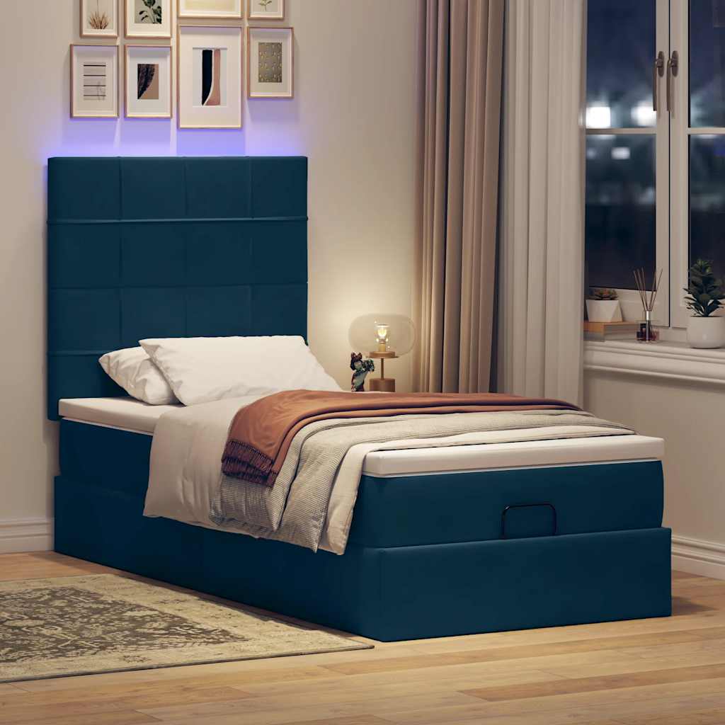 Estrutura de cama otomana com colchões azul escuro veludo