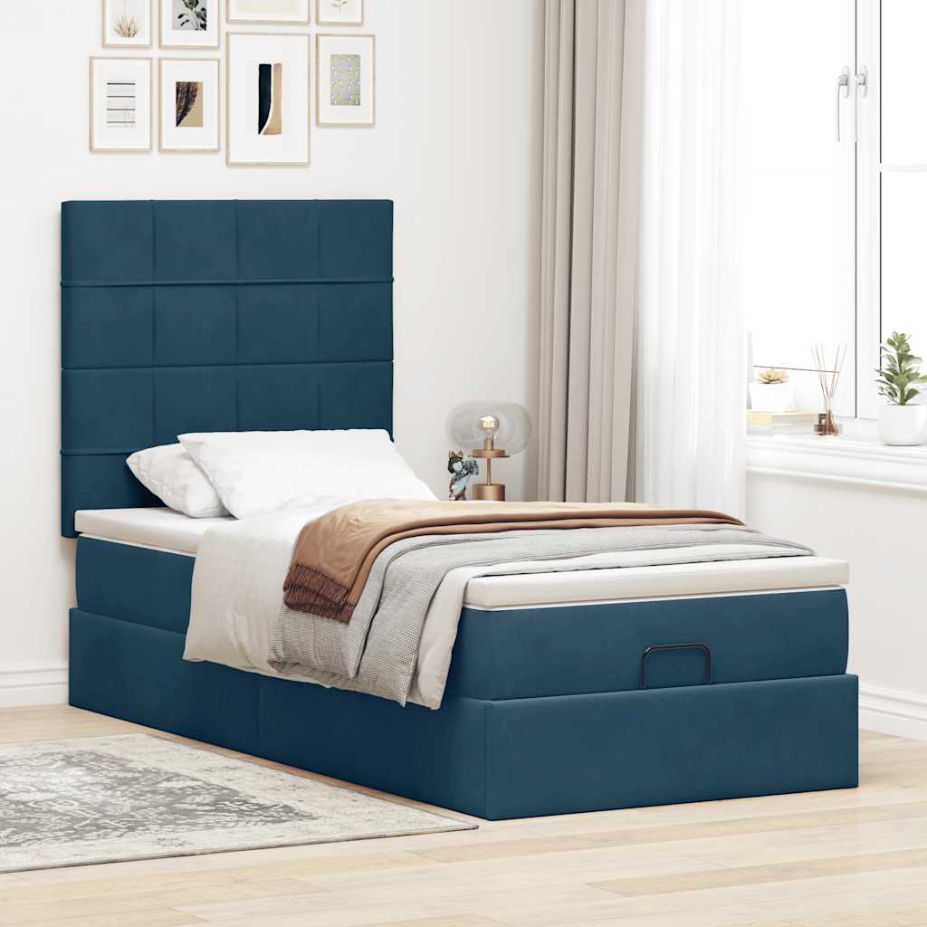 Estrutura de cama otomana com colchões azul escuro veludo