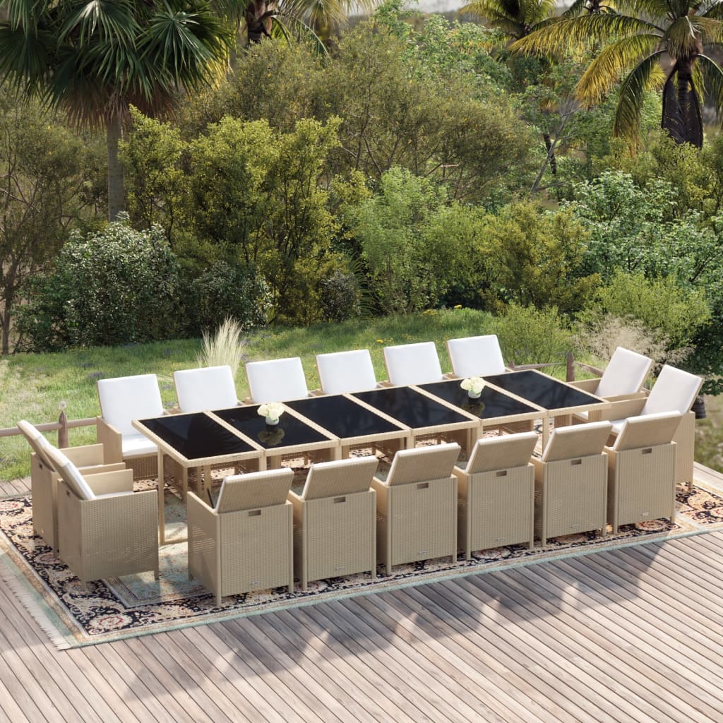 17 Pcs conjunto jantar p/ jardim c/ almofadões vime PE bege